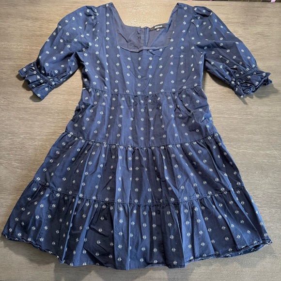 Madewell Square-Neck Puff-Sleeve Babydoll Dress Navy White 4 - Picture 3 of 12